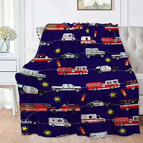 Abheda Police and Firetruck Throw Blanket, Super Soft Adorable Car Blanket for Boys, Girls, Kids, and Children, Fleece Blanket Warm, and Cozy Throw for Bed, Traveling or Crib 40"x30" for Pets