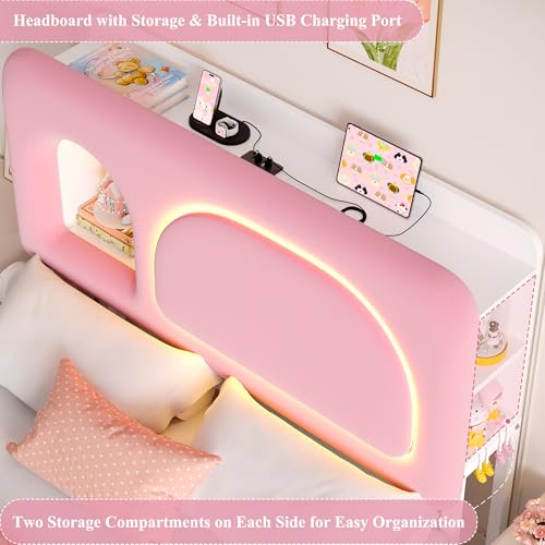 Image of Keyluv Full Size LED Bed Frame for Grils with Storage Bookcase Headboard&Charging Station, Velvet Upholstered Platform Bed with 2 Large Drawers&USB Ports, Sturdy Metal Support, No Box Spring Need,Pink