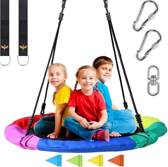 MONOCUS™ Saucer Tree Swing Durable & Water proof Swing Circle Multi Stranded Ropes For Outdoor Playground Anti-ultravoilet Not Fade Rainbow Swing Seat & 2 Additional Hanging Strap