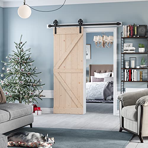 Image of SmartStandard 30in x 84in Sliding Barn Wood Door Pre-Drilled Ready to Assemble, DIY Unfinished Solid Nature Wood Panelled Slab, Interior Single Door, Natural, Frameless K-Shape (Fit 5FT Rail)