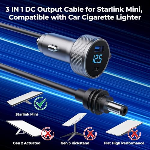 Image of Starlink Mini Cable, 3 in 1 Starlink Mini Car Charger DC Power Cable+ Cigarette Lighter Adapter 12V-48V with Digital Display, Durable USB C PD 40W and USB A 35W Ports for Trucks and Cars (6.5FT)
