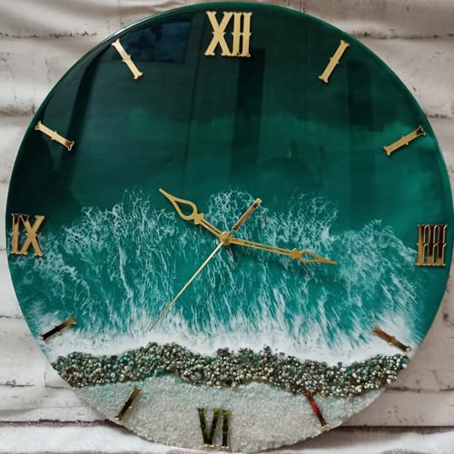 Image of Handmade Resin Wall Clock with Roman Numerals - Luxury Marble Effect Designer Wall Clock with Gold Finish, Silent Quartz Movement, Modern Home & Office Decor (Sea Green)
