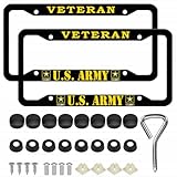 2 Pcs Aluminum Veteran License Plate Frame for US Army,4-Hole Matte Black for United States Army Car Licenses Plate Covers Holders Frames for Plates with Screw Caps