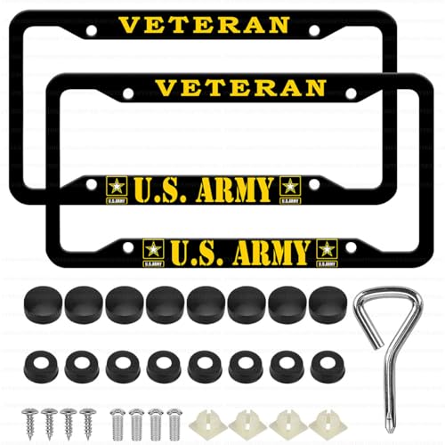 2 Pcs Aluminum Veteran License Plate Frame for US Army 4-Hole Matte Black for United States Army Car Licenses Plate Covers Holders Frames for Plates with Screw Caps