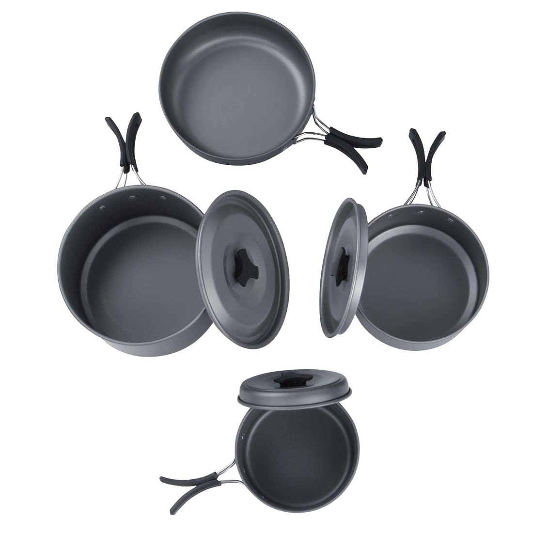 yourGEAR Ranger V - 7-teiliges Camping Kochgeschirr Set für 4-5 Personen - Langlebiges, antihaftbeschichtetes Aluminium - Topf Pfannen Set im Netzbeutel für Camping und Outdoor