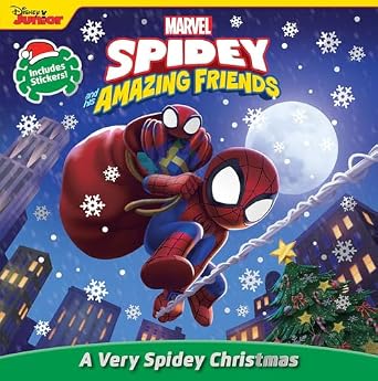 Spidey and His Amazing Friends: A Very Spidey Christmas, book cover featuring SpiderMan with a sack, against a snowy city backdrop and the title in green and red font.
