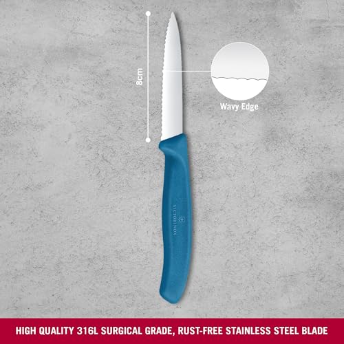Image of Victorinox Swiss Made, Stainless Steel Swiss Classic Paring Knife, 8 cm, Wavy Edge with Pointed Tip, Professional and Household Use, Kitchen Tools & Items, Blue, 6.7632.C1 | Multipurpose Knife