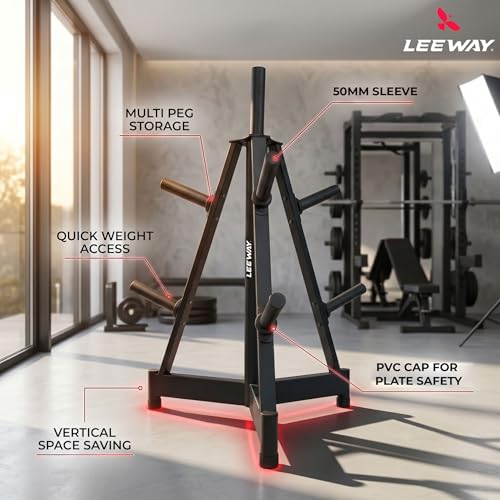 Image of Leeway Weight Rack for Home Gym Stand | Olympic 2-Inch Plate Tree Stand | 7-Peg Heavy Duty Steel Storage Organizer | 300 Kg Capacity Vertical Commercial Gym Rack (Triangular Weight Rack)