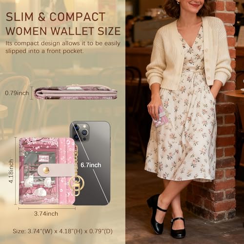 Image of Jogjam Cute Kawaii White Cats Rfid Ladies Wallet, Small Credit Card Women Wallet, Japanese Dessert House PU Leather Bifold Cash Zipper Coin Pocket for Female