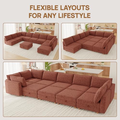 Image of 128 inch Modular Sectional Sleeper Sofa Bed with Storage & Washable Covers, 10-Seater Chenille Modular Sofa Bed with Movable Ottoman Chaise, Convertible Sleeper Sectional Couches for Living Room, Orange