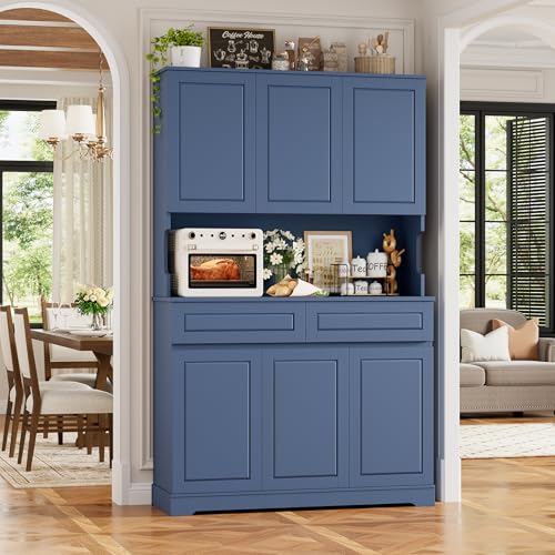Image of FACBOTALL 74 inch Pantry Cabinet, Tall Kitchen Pantry Cabinet with 6 Doors and 2 Drawers, Kitchen Hutch with Wide Countertop, Modern Kitchens Cupboard with Adjustable Shelves and Charge Holes, Blue