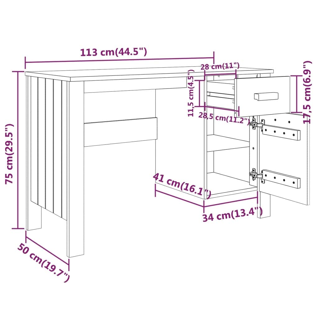 Scrivania grigio chiaro in legno di pino massiccio, 113 x 50 x 75 cm, con cassetto e porta, per ufficio, casa, studio e camera dei ragazzi