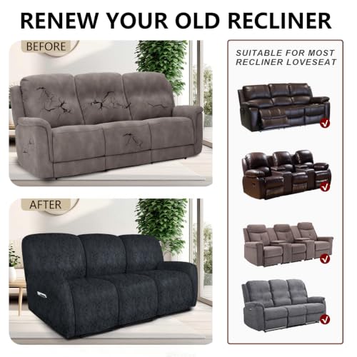 Image of ANARACHON Leather Look Recliner Couch Cover 8-Piece Recliner Sofa Slipcovers 3 Seater for Reclining Couches Furniture Protector Spandex Fabric Washable (Recliner Sofa, 03Navy Blue)