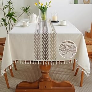 JIALE Table Cloth Rectangle Table Heavy Duty Cotton Linen Waterproof Tablecloths Farmhouse Tablecloth Soft and Wrinkle Free Table Cover with Tassels 55×70 4 6 Seats