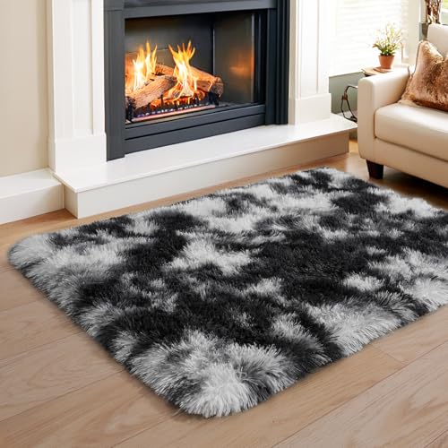 KING DARE Small Throw Rug 2x3 for Bedroom, Soft Non Slip Bedside Rug for Living Room Dorm, Shaggy Plush Carpet Modern Home Decor Aesthetic for Entrance Nursery Kids Room, Black and White