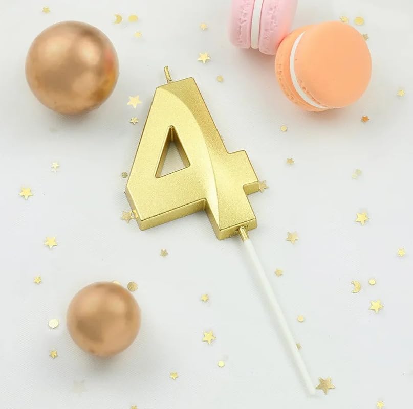 Image of Wax Number Candles 3 Inch For Birthday, Wedding, Valentines Day Celebration, Theme Party Decoration Gold(Numerical No 4), Wax, Unscented, 1 Piece