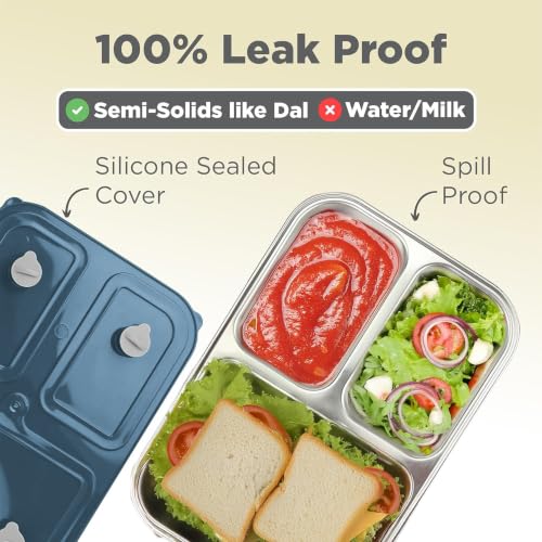 Image of MILTON Meal Safe 3 Inner Stainless Steel Tiffin Box for School with Steam Release Plug | PU Insulated, Leak-Proof, Food Grade I Lunch Box for Kids Boys, Girls with Snap Lock Lid, 630 ml, Navy Blue