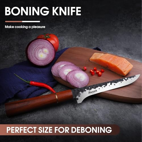 Image of Huusk Boning Knife for Meat Cutting, 7 inch Razor Sharp Fillet Knife for Fish | Hand Forged Carbon Steel, Deboning Knife for Meat Poultry Fish, Rosewood Handle, Gift Box for Chef Men Women