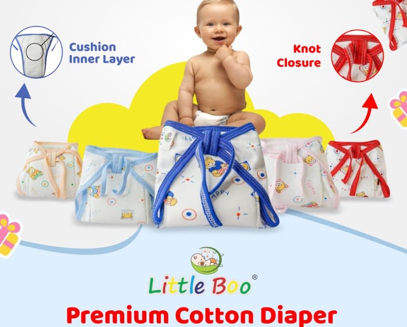 Image of LITTLE BOO Baby Cotton Cloth Nappies for Newborn,Reusable /Washable Diapers,Langot /U Shaped Double Layer Padded Extra Soft Nappy for Boy and Girl Unisex Babies (Pack of 5),(0-6 Months),Multicolor