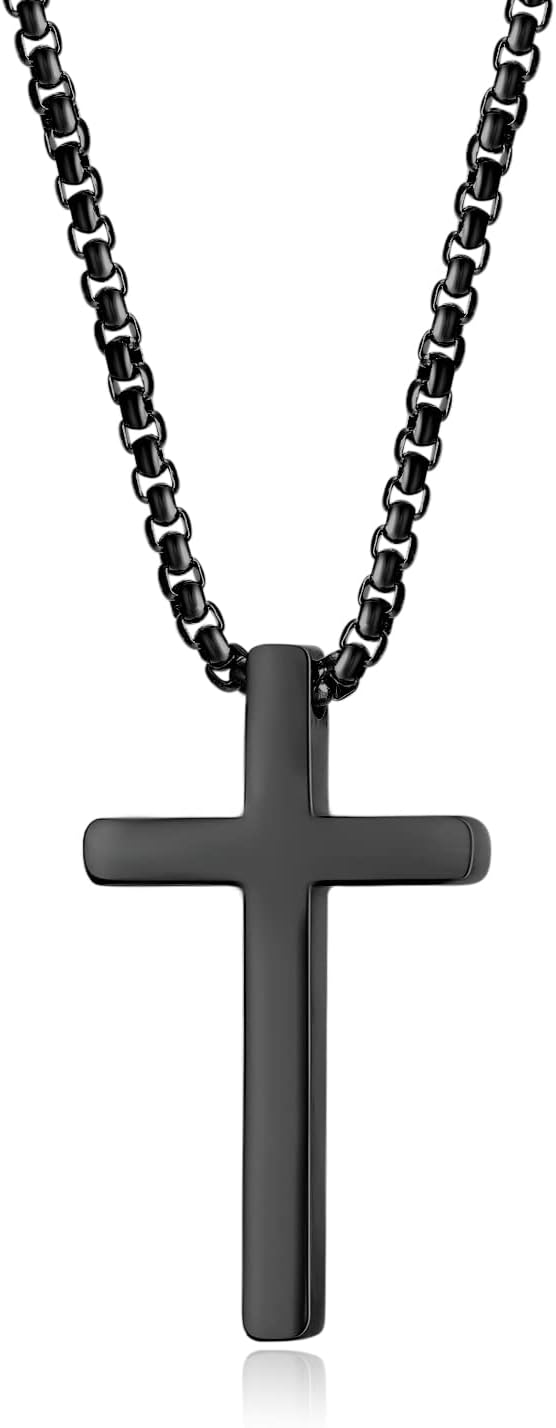 Rockyu Black Stainless Steel Cross Pendant Necklace for Men Classic Christian Religious Jewelry Simple Faith Chain Gift for Him
