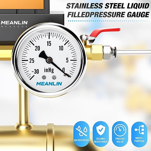 Image of MEANLIN MEASURE -30inHG~0Psi Stainless Steel 1 /4 inch NPT 2.5 inch FACE DIAL,Vacuum Liquid Filled Pressure Gauge,Single Scale, Water Oil Air Back Mount, with 1 /2 inch NPT and 3 /8 inch NPT Hex Bushing
