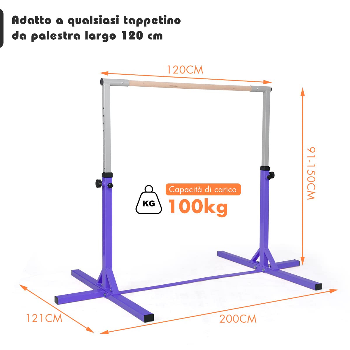 RELAX4LIFE Barra Orizzontale da Ginnastica per Bambini, Attrezzatura per Fitness con Telaio in Metallo, Barra di Allenamento con Altezza Regolabile (Viola, 203 x 121 x 91-150 cm)