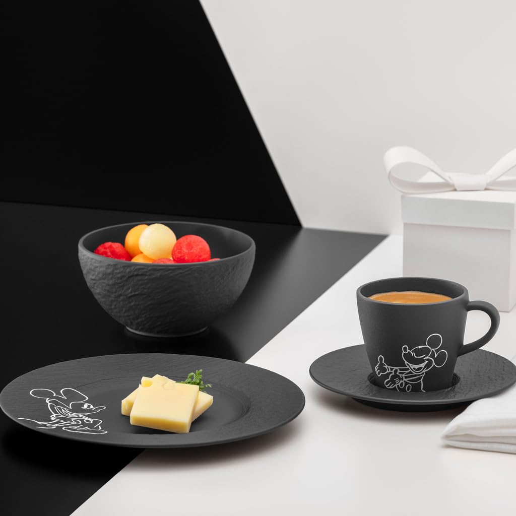 Villeroy & Boch Manufacture Rock – Mickey Mouse – Frühstücks-Set, 4-teilig, schwarz, spülmaschinenfest & mikrowellensicher, Schieferoptik mit Disney Mickey Mouse Kreidedekor, Premium Porzellan