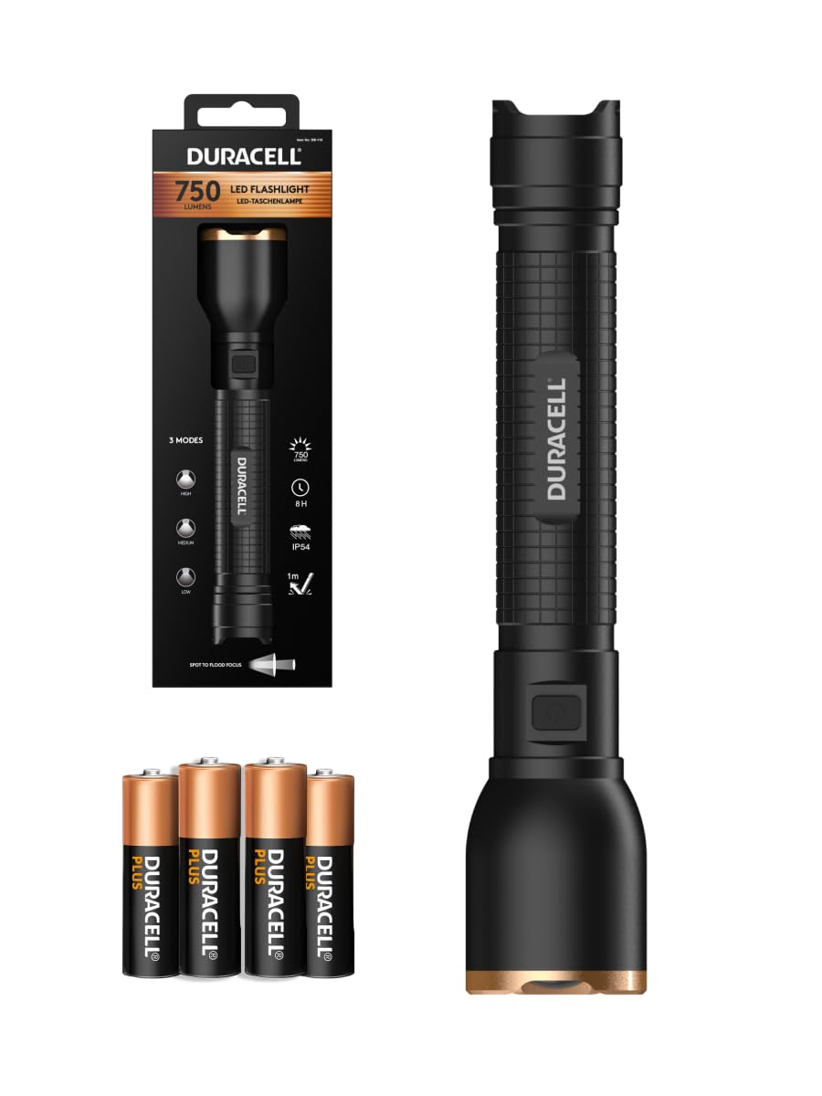 Duracell LED Taschenlampe DF750 Core – 750 Lumen, fokussierbar, 120m Leuchtweite, 4xAAA Batterien inkl., verschiedene Lichtmodi, spritzwassergeschützt, robustes Gehäuse, sofort einsatzbereit
