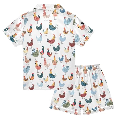 Colorful Cartoon Chicken Summer Satin Pajama Set, Cute Button-Down Sleepwear Pj Set for Sleep Wears2