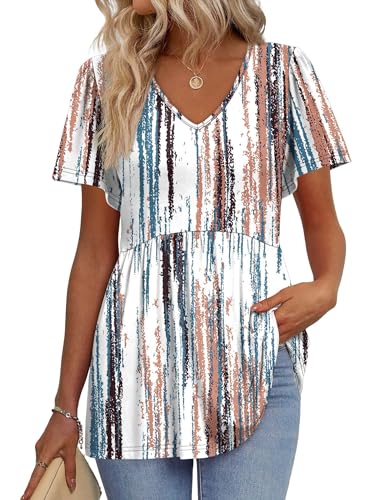 Image of OFEEFAN Womens Summer Tops Babydoll Short Sleeve Shirts Puff Sleeve Peplum Tops V Neck T Shirts