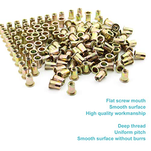 Xtozon 100 Pcs 1/4" - 20 Unc Rivet Nuts, Zinc Plated Finish Carbon Steel, Flat Head Threaded Inserts Nutser #TOP2