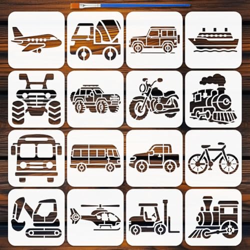 FINGERINSPIRE 16 Schablonen Set Mit Verschiedenen Transportmitteln 15 x 15cm Autos Flugzeuge Schiffe Züge Motorräder Haustiere Für Holzböden Fliesen Wände Und Stoff