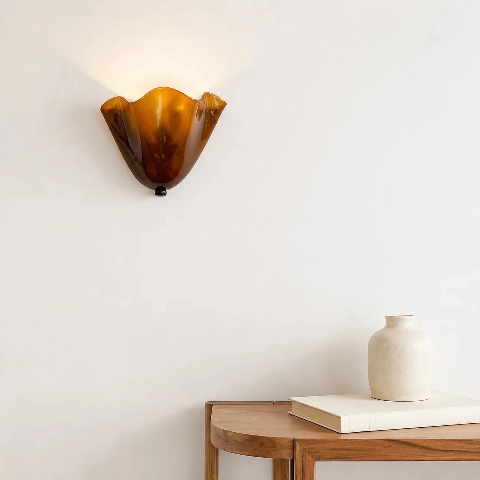 Vintage Wall Sconce, Shell Wall Sconce with Ruffle Cognac Glass Shade