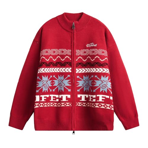 Men's Fall Vintage Geometric Zip Up Chunky Cable Knit Cardigan Sweater Long Sleeve Fair Isle Christmas Sweater