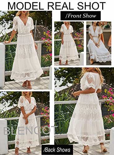 Blencot Womens Casual Summer Floral Lace Long Dress Short Sleeve Elegant Bohemian Dress Fashion Flowy Maxi Dress White Small #TOP5