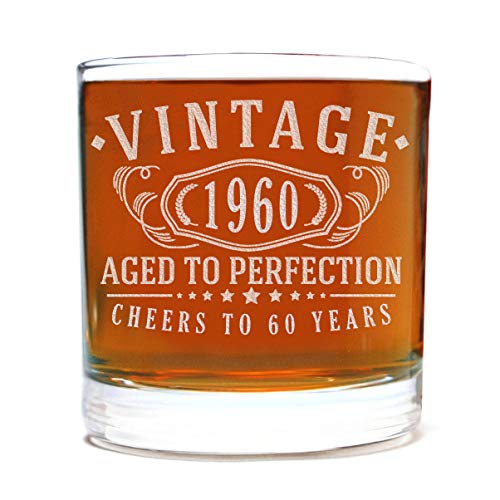 Vintage 1960 Etched 11oz Whiskey Rocks Glass - 60th Birthday Aged to Perfection