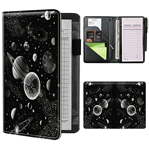 Server Books for Waitress Waiter with Zipper Pocket, Moon Space Leather Server Pads Waitstaff Organizer Guest Check Presenters Server Wallet Money Holder Pouch Fit Apron