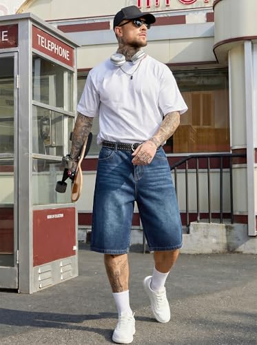 Image of PLEPAN Mens Super Baggy Jean Shorts 12 inch Vintage Loose Fit Wide Leg Long Jorts Y2K Streetwear Below Knee Denim Shorts