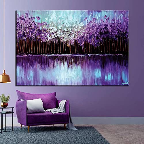 Toile violette étang et arbres abstrait déco murale chambre et salon