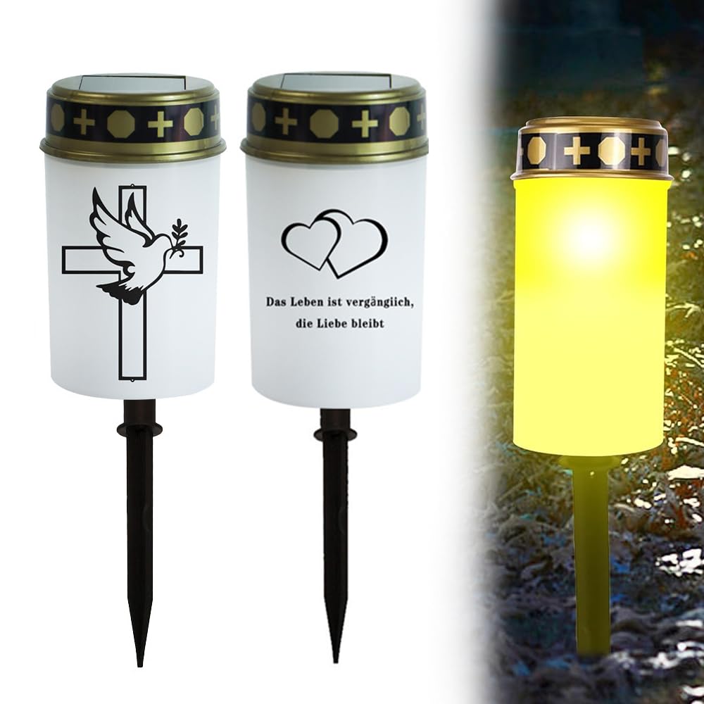 Litinliv 2pcs Lampada tombale LEDsolare, sacrificale con funzione solare, Candele senza fiamma impermeabili, Candele cimitero per esterni