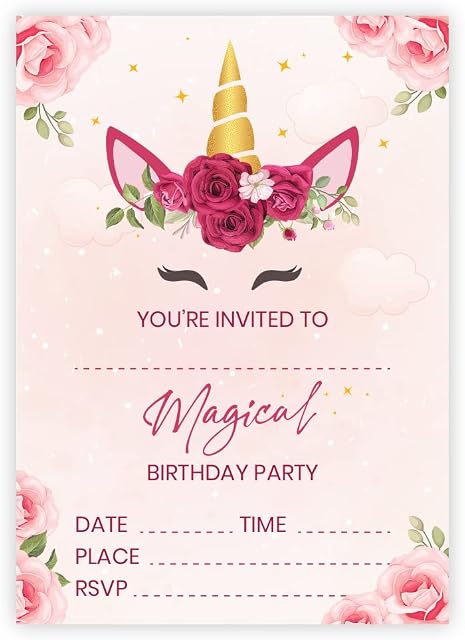 32 Flower Unicorn Invites - Party Invitations Kids - A6 Birthday Party Invitations with Envelopes  Suitable for Boys and Girls - Designed and Printed in the UK