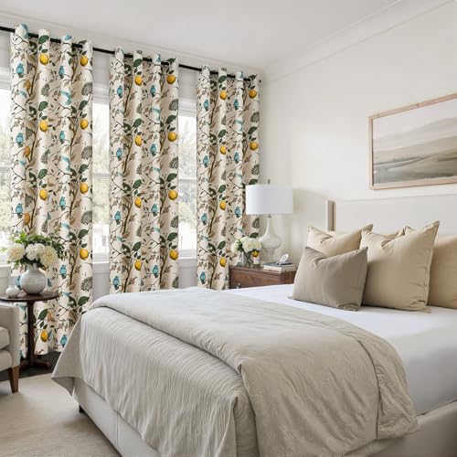Image of Topfinel Floral Curtains 96 Inches Long 2 Panels Unique Beige Luxury Elegant Colorful Euro Flower Hummingbird Patterned Rustic Vintage Grommet Drapes for Classroom Room Office Closet 52x96