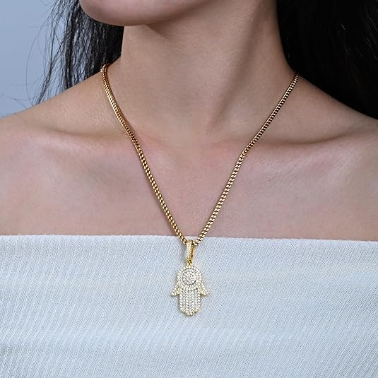 14K Gold Plated Micro Full Iced CZ Out Hamsa Hands Pendant with 24" Franco Chain Necklaces For Men Women Hip Hop Zircon Hamsa Necklace2