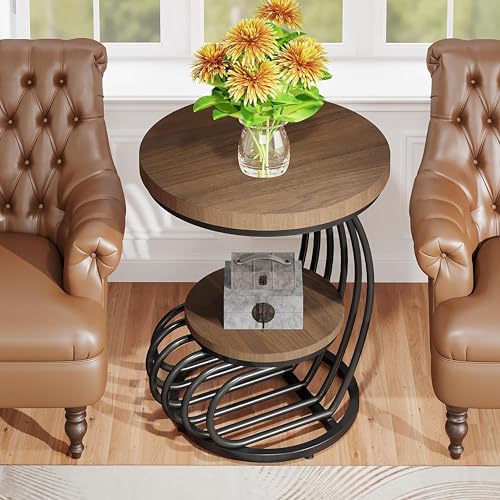 Image of Coffee Table, Tea Table, Round Sofa Side Table, Two-Tiered Metal end Table, and Bedside Table with a Marble Appearance for Living Rooms, bedrooms, or Apartments (Black Walnut)