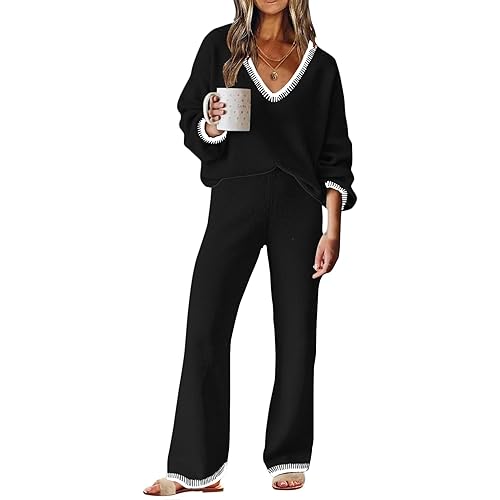 ETCYY NEW Womens 2 Piece Outfits Sweater Lounge Set Casual V Neck Knit Pajama Set Long Sleeve Top Wide Leg Pants Loungewear