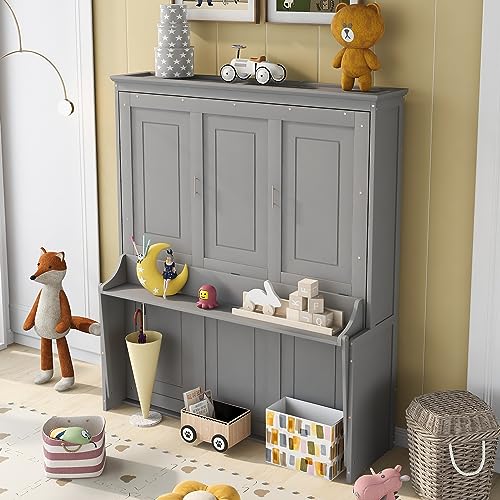NCKMYB Queen Size Murphy Bed Cabinet, Wall Bed Murphy Bed Desk Combo, Shelf Can be Used as Desk, Tall Cabinet Bed for Dorm Studio or Small Room, Grey - Thumbnail 2