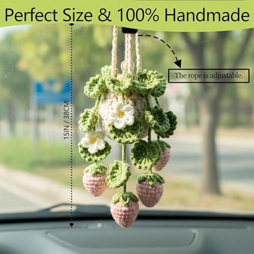 Image of Crochet Car Air Freshener Hanging, Cute Hanging Plant for Cars, Crochet Strawberry Plant with 10ml Empty Refillable Oil Diffuser Bottle, Handmade Boho Car Ornament Charms for Rear View Mirror, Pink