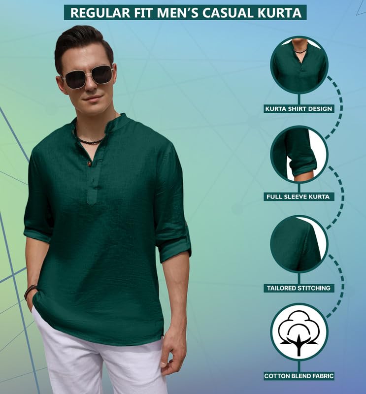 Image of ROYALSCOUT Men's Cotton Blend Casual Short Kurta Shirt with Notch Neck and Button Detail | Full Sleeve Straight Fit Lightweight Ethnic Top for Summer