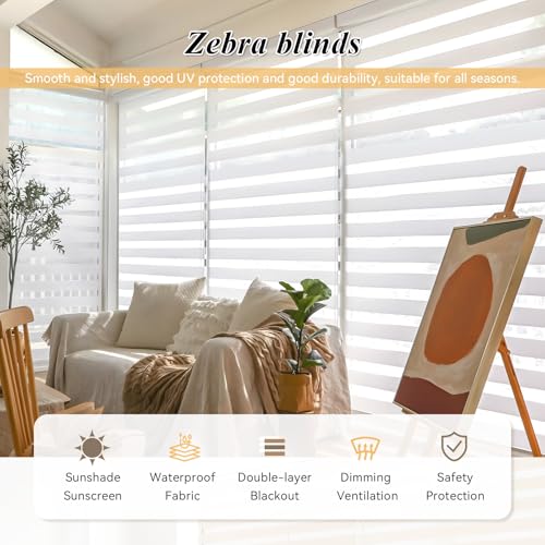 No Tools No Drill Zebra Blinds for Windows Cordless,Customizable Zebra Roller Shades, Dual Layer Blackout-Filtered Privacy Light Control Window Blinds Home Office, Easy to Install