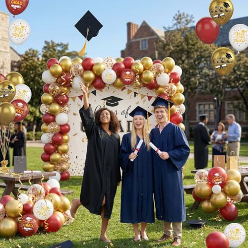 Image of Burgundy and Gold Graduation Balloons Graduation Decorations 2026, 60Pcs Print Congrats Grad Balloons, Maroon Gold Confetti Latex Balloon, Class of 2026 Grad Party Decorations for College High School